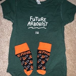 ISA Certified Future Arborist onesie shirt Stihl chainsaw socks 24 months